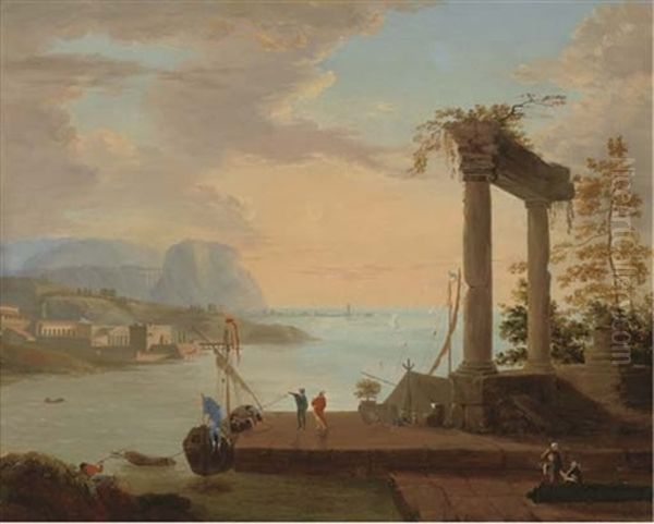 Unloading Cargo By The Ruins Oil Painting by Jakob Christoph Bischoff