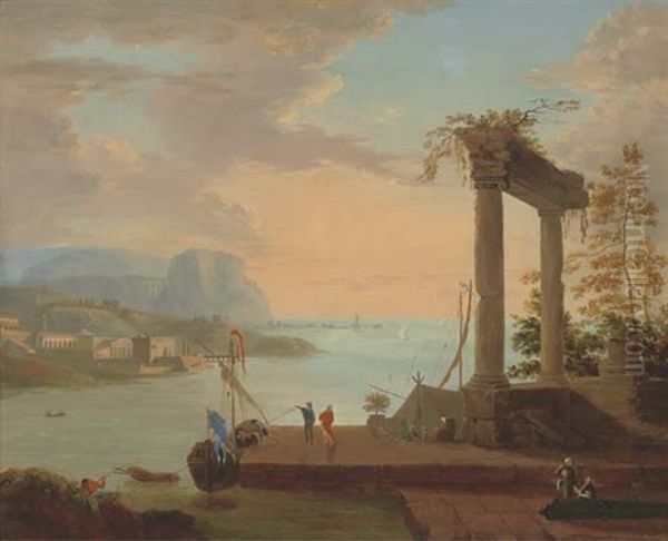 Unloading Cargo By The Ruins Oil Painting by Jakob Christoph Bischoff