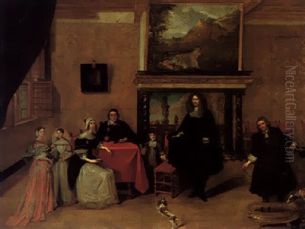 Portrait Of A Family In An Elegant Interior Positioned Before An Elaborate Mantelpiece Oil Painting by Charles Emmanuel Biset