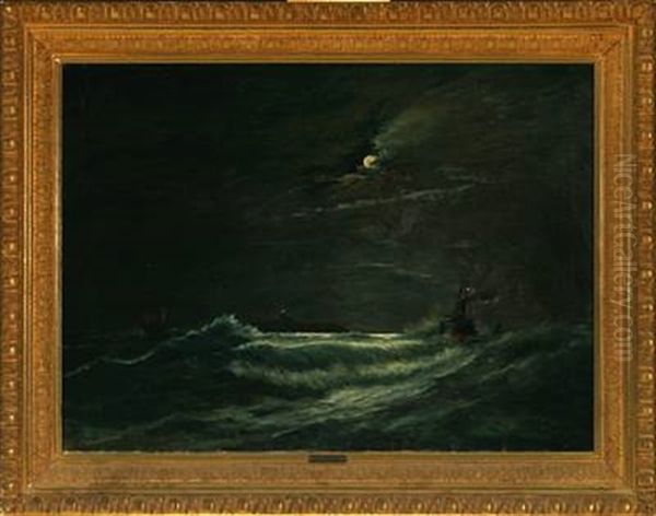 Ships At Sea In The Moonlight Oil Painting by Jens Bisgaard