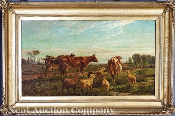 Cattle And Sheep In A French Landscape Oil Painting by Henry Collins Bisham