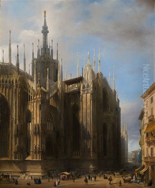 Veduta Del Fianco Del Duomo Di Milano Dalla Corsia Dei Servi Oil Painting by Luigi Bisi