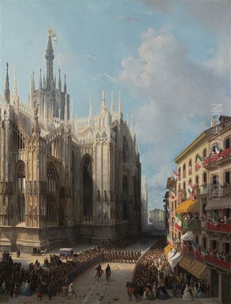 Veduta Del Fianco Settentrionale Del Duomo Di Milano; Ritorno Dal Te Deum La Mattina Del 9 Giugno 1859 Oil Painting by Luigi Bisi