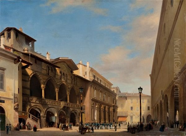 Loggetta Degli Osii E Scuole Palatine (la Piazza Dei Mercanti In Milano) Oil Painting by Luigi Bisi