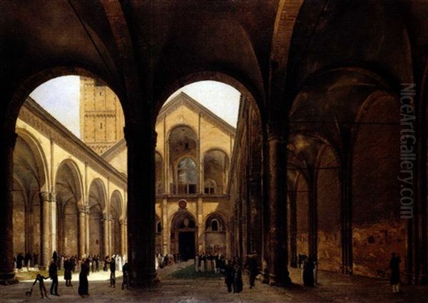 Il Quadriportico Della Basilica Di Sant' Ambrogio A Milano Oil Painting by Luigi Bisi