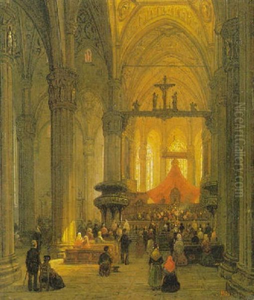 Interno Di Chiesa Con Fedeli Oil Painting by Luigi Bisi