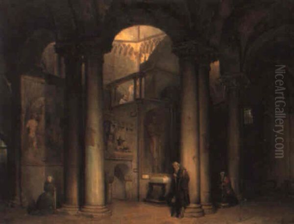 Interno Di Chiesa Con Figure In Preghiera Oil Painting by Luigi Bisi