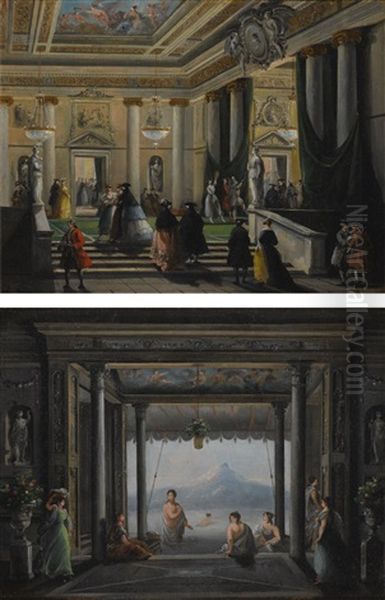 Figures In The Foyer Of Teatro La Fenice, Venice; A Scene From The Last Days Of Pompeii, Performed In Teatro La Fenice, Venice Oil Painting by Giuseppe Bernardino Bison