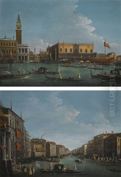 Venice, A View Of The Molo From The Bacino Di San Marco; Venice, A View Of The Grand Canal From The Palazzo Balbi Facing The Rialto Bridge With A Regatta Oil Painting by Giuseppe Bernardino Bison