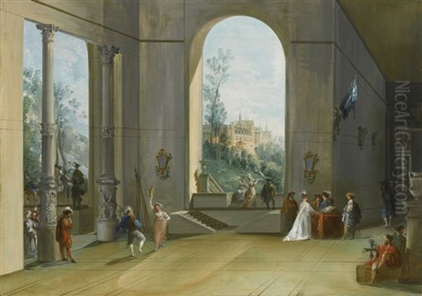 Palace Interior With Figures Oil Painting by Giuseppe Bernardino Bison