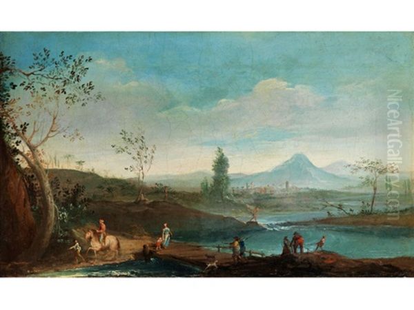 Landschaft Mit Fluss Und Figuren Oil Painting by Giuseppe Bernardino Bison