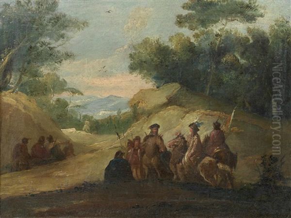 Travellers On A Country Path; And Soldiers In A Mountainous Landscape (2 Works) Oil Painting by Giuseppe Bernardino Bison