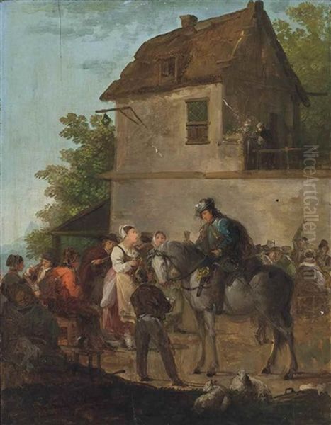 A Rider And Other Figures Merry Making Outside An Inn Oil Painting by Giuseppe Bernardino Bison