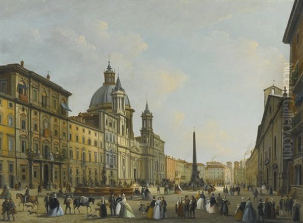 Rome, A View Of Piazza Navona With Elegantly Dressed Figures Oil Painting by Giuseppe Bernardino Bison