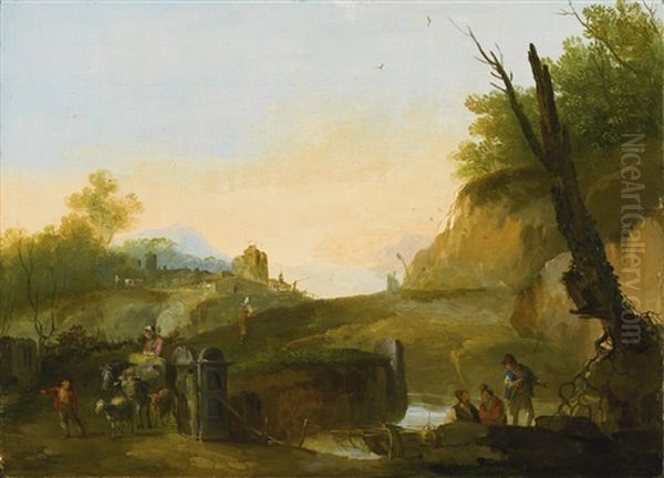 Evening Landscape With Travellers Crossing A Bridge Oil Painting by Giuseppe Bernardino Bison