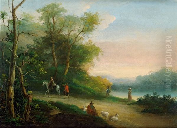 Pastorale Flusslandschaft Mit Hirten, Wanderern Und Reiterin Oil Painting by Giuseppe Bernardino Bison