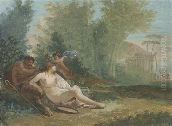 Paysage Avec Un Cupidon Couronnant Une Bacchante Assise, Un Satyre Derriere Elle Oil Painting by Giuseppe Bernardino Bison