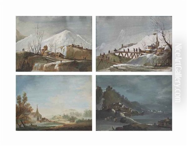 Quatre Vues: Deux Paysages Enneiges, Un Nocturne Et Un Paysage Lacustre (4 Works) Oil Painting by Giuseppe Bernardino Bison