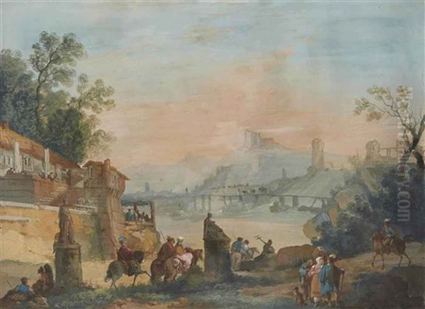 Paysage Avec Statues Antiques Et Cavaliers Au Premier Plan Oil Painting by Giuseppe Bernardino Bison