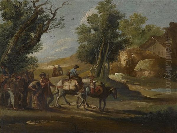 A Landscape With Travellers; A Landscape With Soldiers (a Pair) Oil Painting by Giuseppe Bernardino Bison