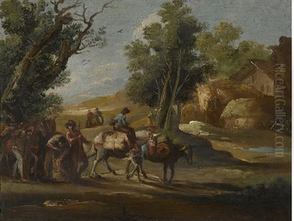 A Landscape With Travellers And A Landscape With Soldiers (pair) by Giuseppe Bernardino Bison