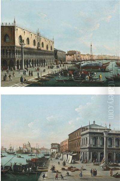 Venice, A View Of The Riva Degli Schiavoni Looking East And Venice, A View Of The Molo Looking West (pair) by Giuseppe Bernardino Bison