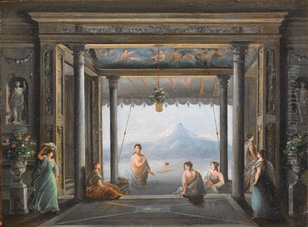 Elegante Figuren Im Foyer Der Fenice In Venedig; Und Eine Szene Aus Die Letzten Tage In Pompeij In Der Fenice In Venedig (pair) Oil Painting by Giuseppe Bernardino Bison