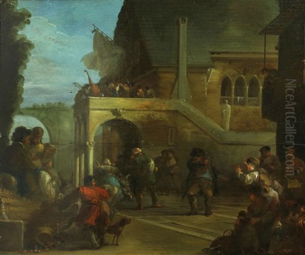 A Skirmish In A Courtyard Oil Painting by Giuseppe Bernardino Bison