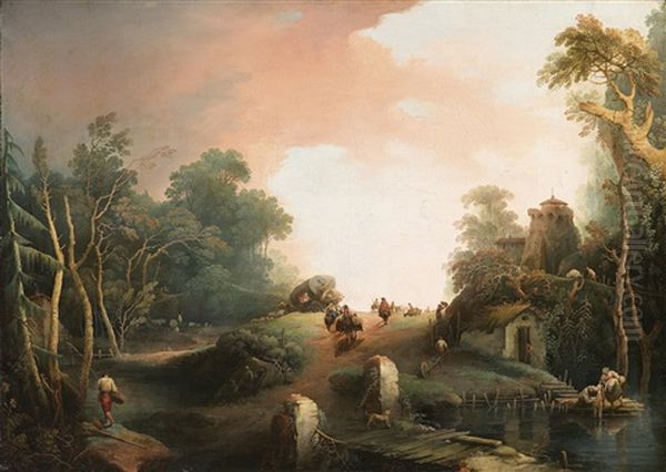 Wanderer In Einer Hugeligen Landschaft Oil Painting by Giuseppe Bernardino Bison