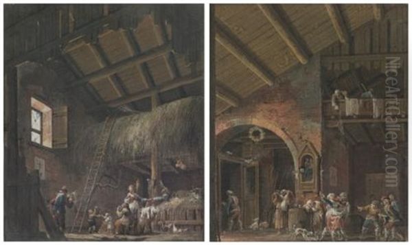 Barn Interiors With Figures (pair) Oil Painting by Giuseppe Bernardino Bison