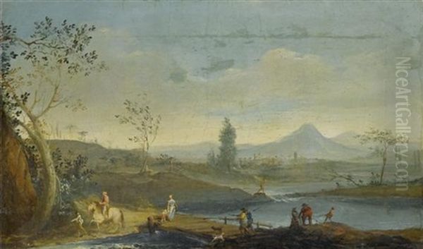 Weite Flusslandschaft Mit Reisenden Und Stadt by Giuseppe Bernardino Bison