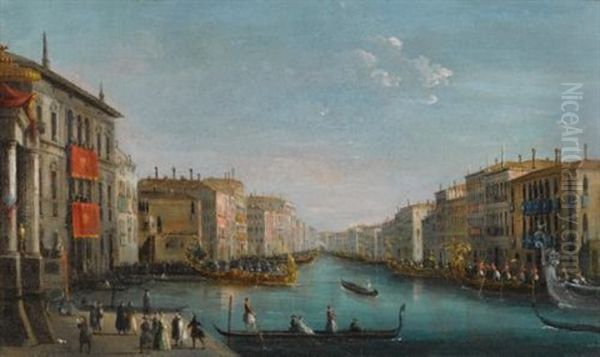 Venice, A View Of The Grand Canal From The Palazzo Balbi Looking Toward The Rialto Bridge With A Regata Oil Painting by Giuseppe Bernardino Bison