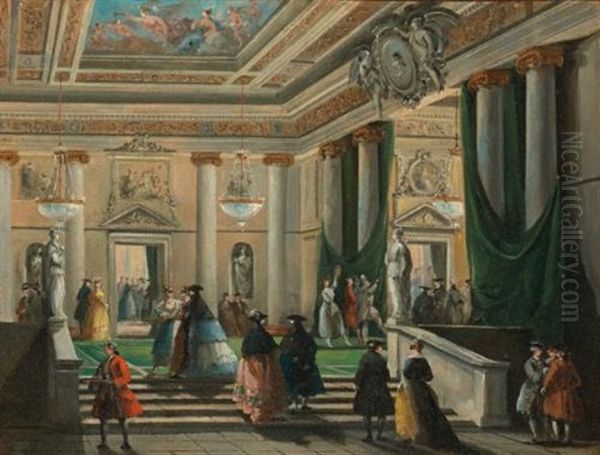 Figures In The Foyer Of La Fenice Theater, Venice (+ A Scene From The Last Days Of Pompeii Performed In La Fenice Theater, Venice; Pair) Oil Painting by Giuseppe Bernardino Bison