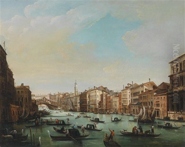 Ansicht Vom Canal Grande Mit Den Fabbriche Nuove Von Rialto (+ Ansicht Vom Canal Grande Mit Der Rialto Brucke; Pair) Oil Painting by Giuseppe Bernardino Bison