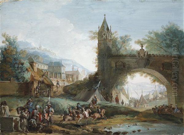 Landschaft Mit Berittenen Soldaten Und Einer Bogenbrucke Oil Painting by Giuseppe Bernardino Bison