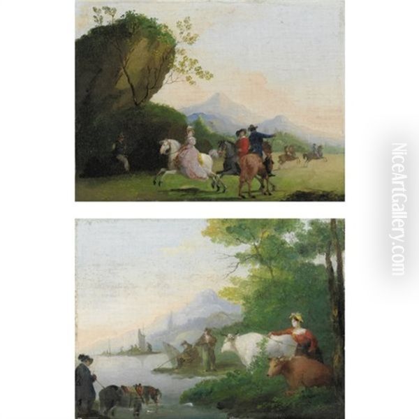 Paesaggio Con Cavalieri (+ Paesaggio Fluviale Con Contadini E Pescatori; Pair) Oil Painting by Giuseppe Bernardino Bison