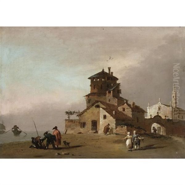 Veduta Di Citta Con Chiesa Ed Edificio Turrito, Con Figure E Imbarcazioni Fuori Dalle Mura Oil Painting by Giuseppe Bernardino Bison