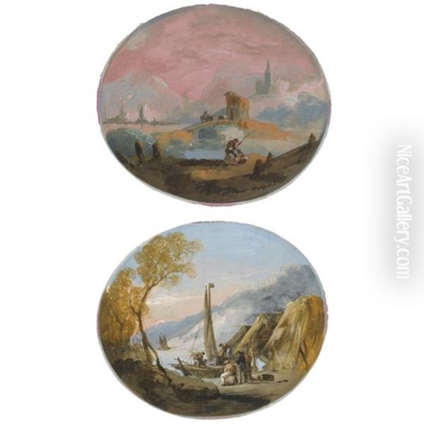 Pair Of Oval Capriccio Landscapes With Figures By A Lake, One With A Bridge And Buildings, The Other With Straw Huts Near The Shore And Both With Boats Oil Painting by Giuseppe Bernardino Bison