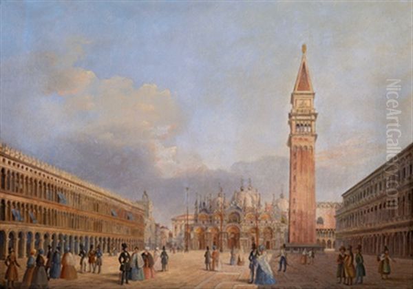 Ansicht Der Piazza San Marco, Venedig, Mit Figurlicher Staffage Und Der Basilika Im Hintergrund Oil Painting by Giuseppe Bernardino Bison