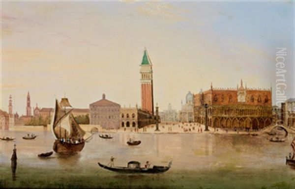 Blick Uber Das Markusbecken Auf Die Piazzetta Mit Dem Dogenpalast Und Der Biblioteca In Venedig; Vista Della Piazetta Con Il Palazzo Ducale E La Biblioteca Oil Painting by Giuseppe Bernardino Bison