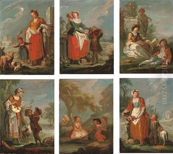 A Shepherdess And A Child In A Landscape With Ruins (+ 5 Others; Set Of 6) Oil Painting by Giuseppe Bernardino Bison