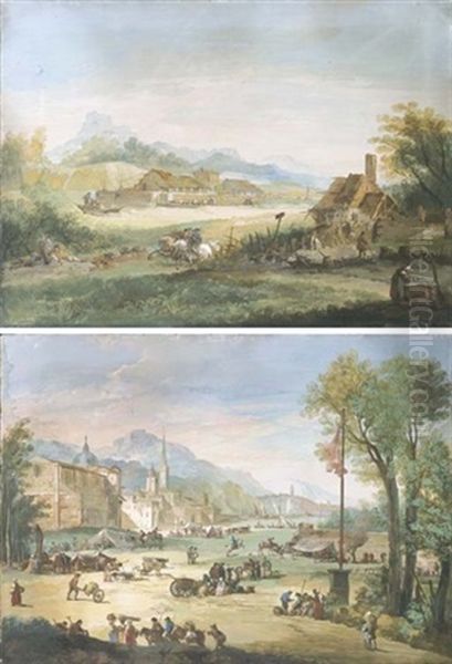 Paesaggio Con Cavalieri (+ Fiera Campestre; 2 Works) Oil Painting by Giuseppe Bernardino Bison