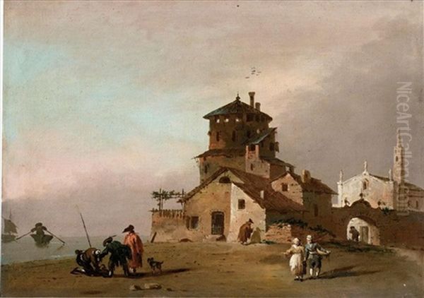 Veduta Di Citta Con Chiesa Ed Edificio Turrito, Con Figure E Imbarcazioni Fuori Dalle Mura Oil Painting by Giuseppe Bernardino Bison