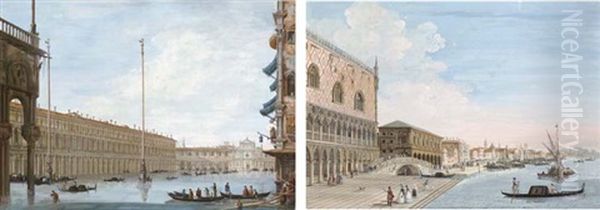 Venezia, La Riva Degli Schiavoni Verso Est (+ Venezia, Piazza San Marco Con L'acqua Alta; 2 Works) Oil Painting by Giuseppe Bernardino Bison