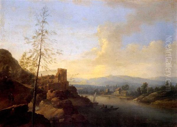 Paesaggio Fluviale (+ Another; Pair) Oil Painting by Giuseppe Bernardino Bison