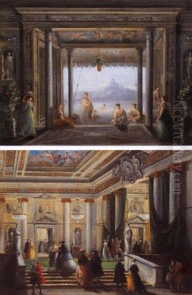 Signore Al Bagno In Una Villa Sul Lago Oil Painting by Giuseppe Bernardino Bison