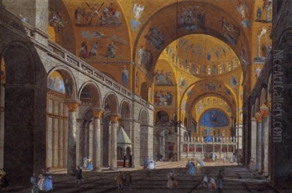 Interno Della Basilica Di San Marco A Venezia Oil Painting by Giuseppe Bernardino Bison