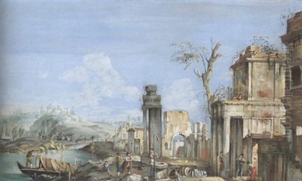 A Capriccio Lake Landscape With Ruins And Figures By A Well Oil Painting by Giuseppe Bernardino Bison