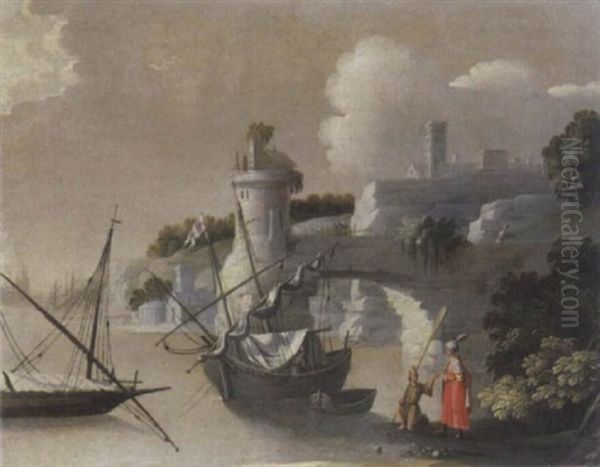 A Coastal Inlet With Moored Boats, A Turk On The Shore With A Stevedore, A Tower And Archway Beyond Oil Painting by Giuseppe Bernardino Bison