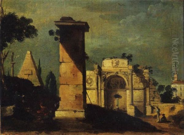 Edicola Antica, Pilastro E Piramide Con Astanti In Primo Piano Oil Painting by Giuseppe Bernardino Bison